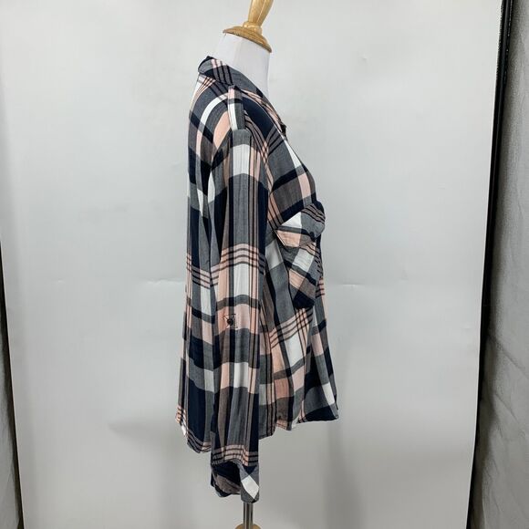 Sanctuary Shirt Womens S Small Navy Pink Chevron Plaid Snap Button Boyfriend - Picture 4 of 12